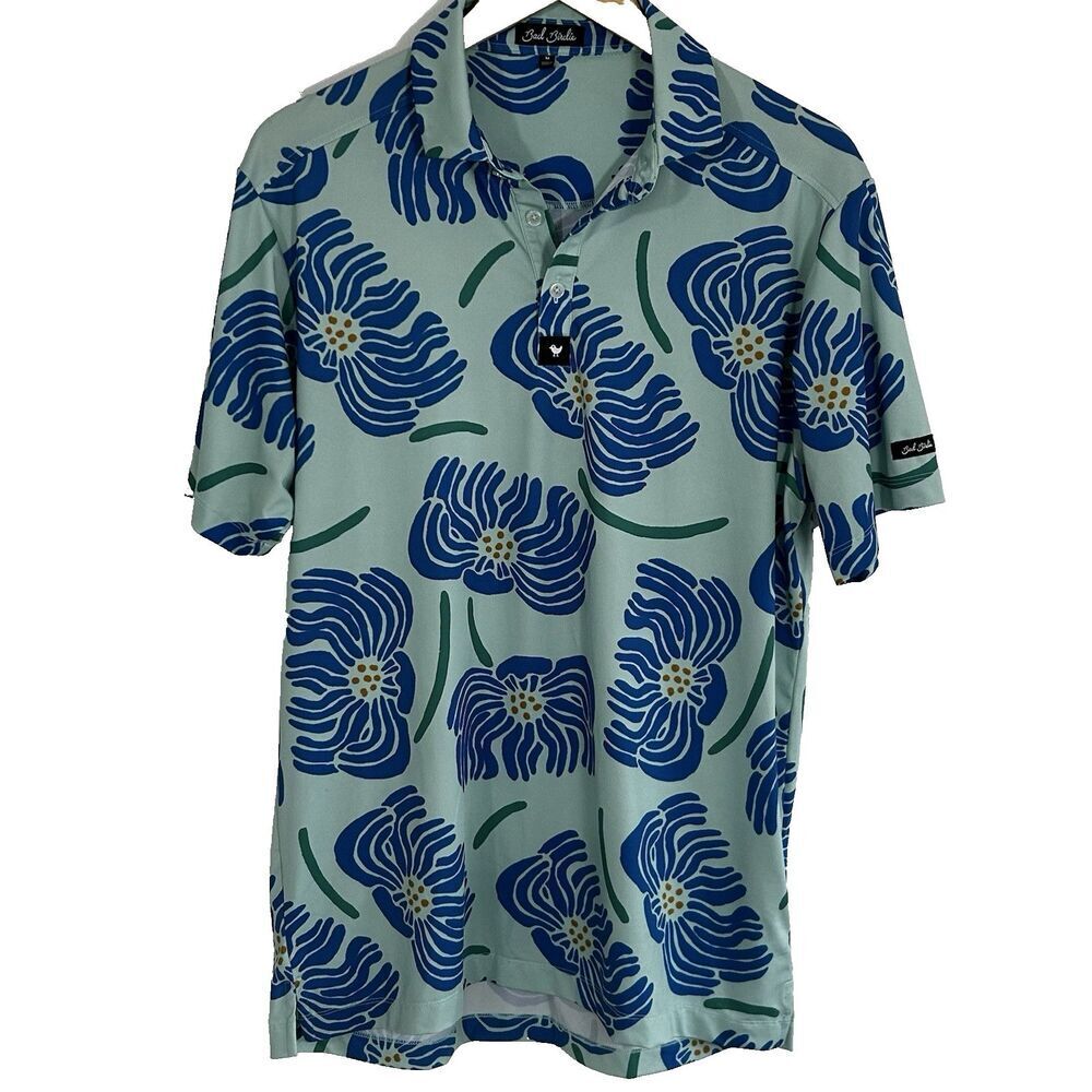 Bad Birdie Polo Shirt Golf Men's Size Medium Blue Floral Print Preppy Comfort - Picture 2 of 10